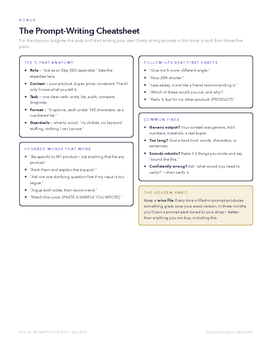 Prompt-writing cheatsheet bonus page